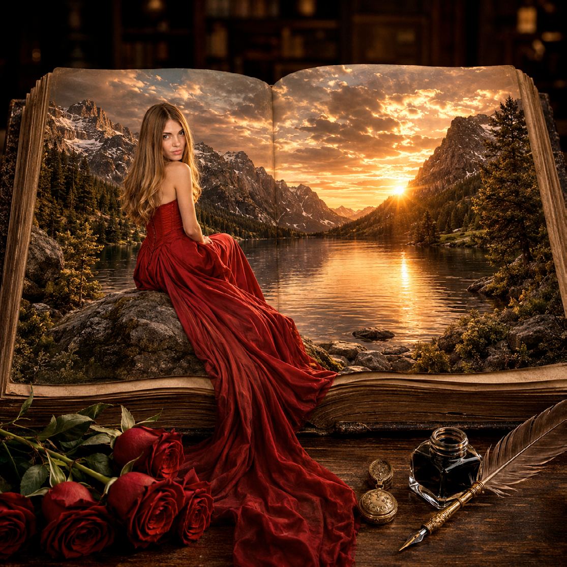 Portrait dans un livre ouvert, robe rouge