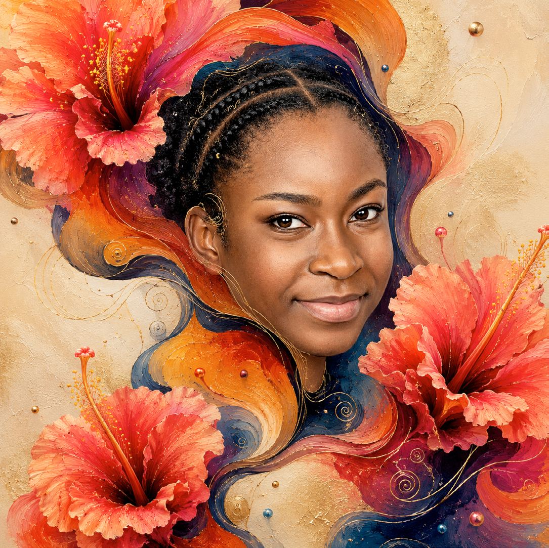 Portrait illustré, fleurs colorées