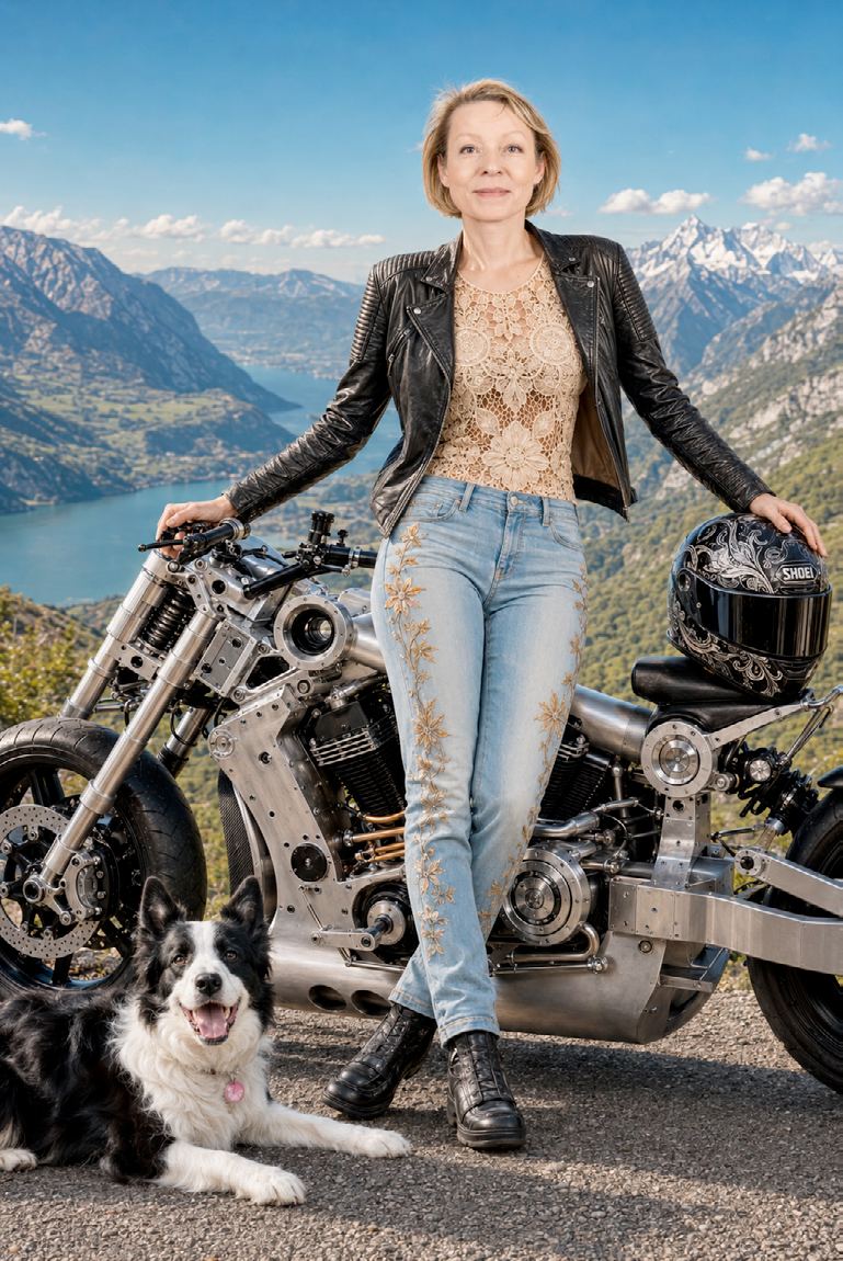 La jeune femme et sa moto avec sa chienne en montagne